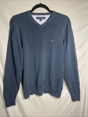 Tommy Hilfiger Men's Navy V-Neck Sweater with Flag Logo